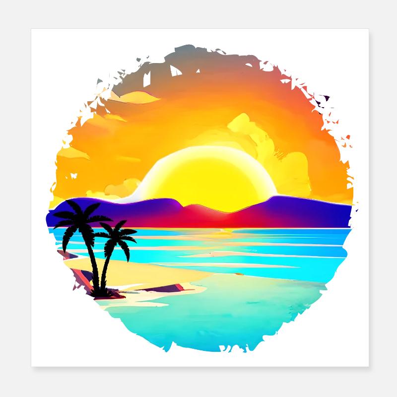 Aquarelle de plage de coucher de soleil d’été Poster 20 x 20 cm