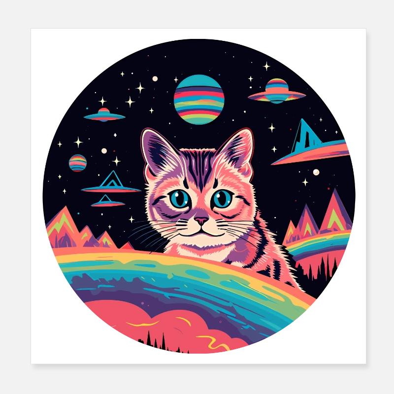 Katze mit Ufos im Weltall - Poster 20x20 cm - Weiß