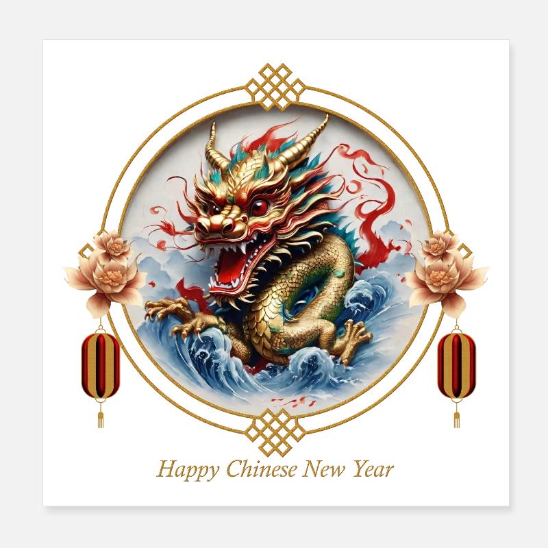 Dragon rouge doré chinois. Bonne Année Poster 20 x 20 cm