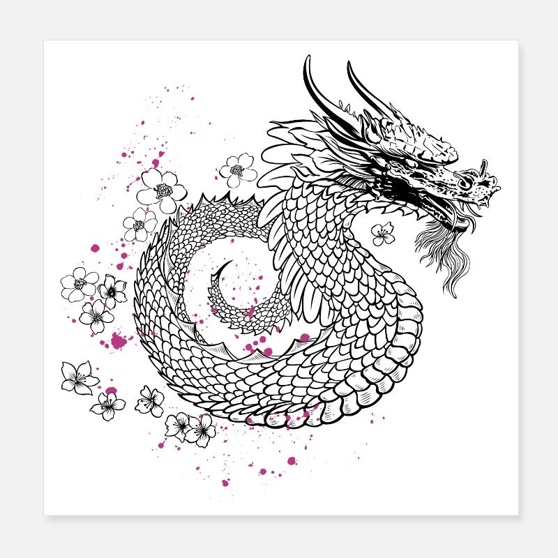 Dragon with Cherry Blossoms Sakura Style Poster 8" x 8" (20x20 cm)