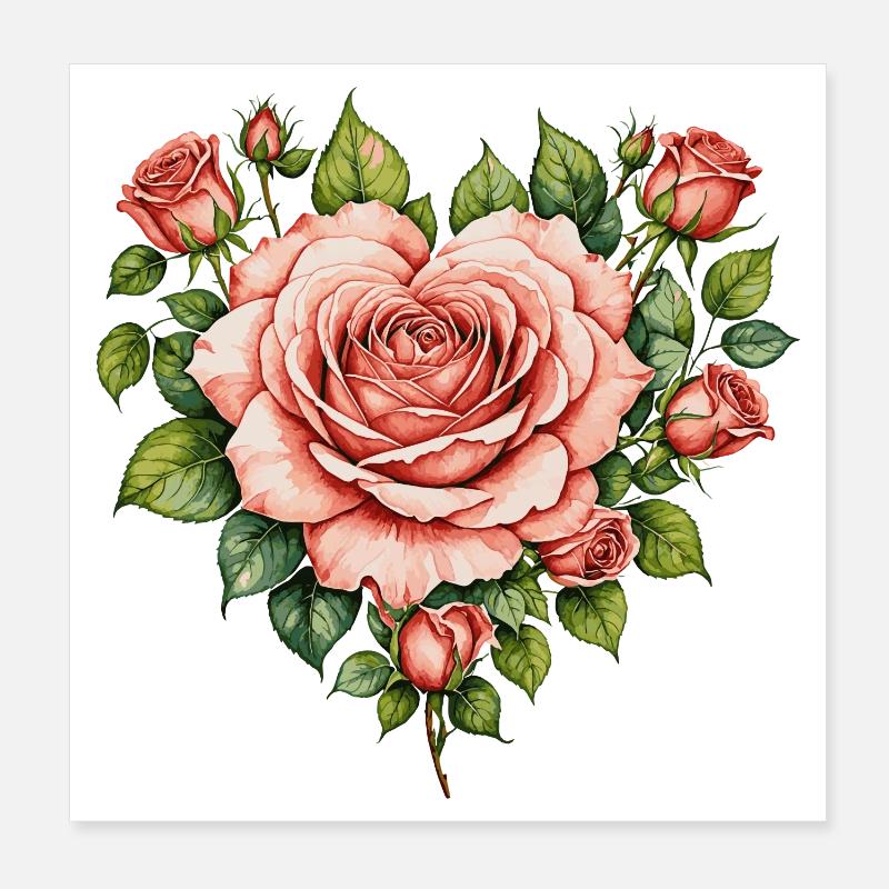 Coeur d’une Roses à l’aquarelle Poster 20 x 20 cm
