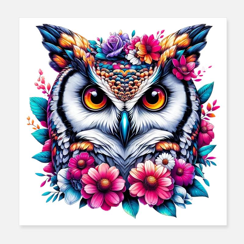 Eule mit Blumen geschmückt Poster 20x20 cm