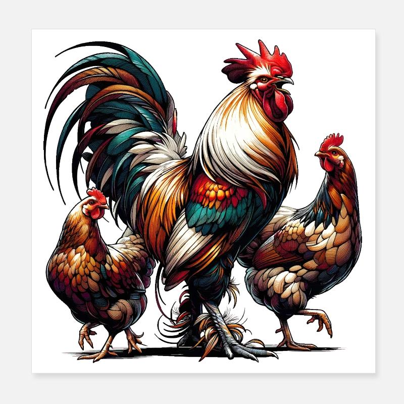 Magnifique coq coloré avec deux poules dans la cour Poster 20 x 20 cm
