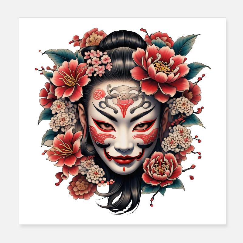Masque japonais décoré de fleurs. Poster 20 x 20 cm