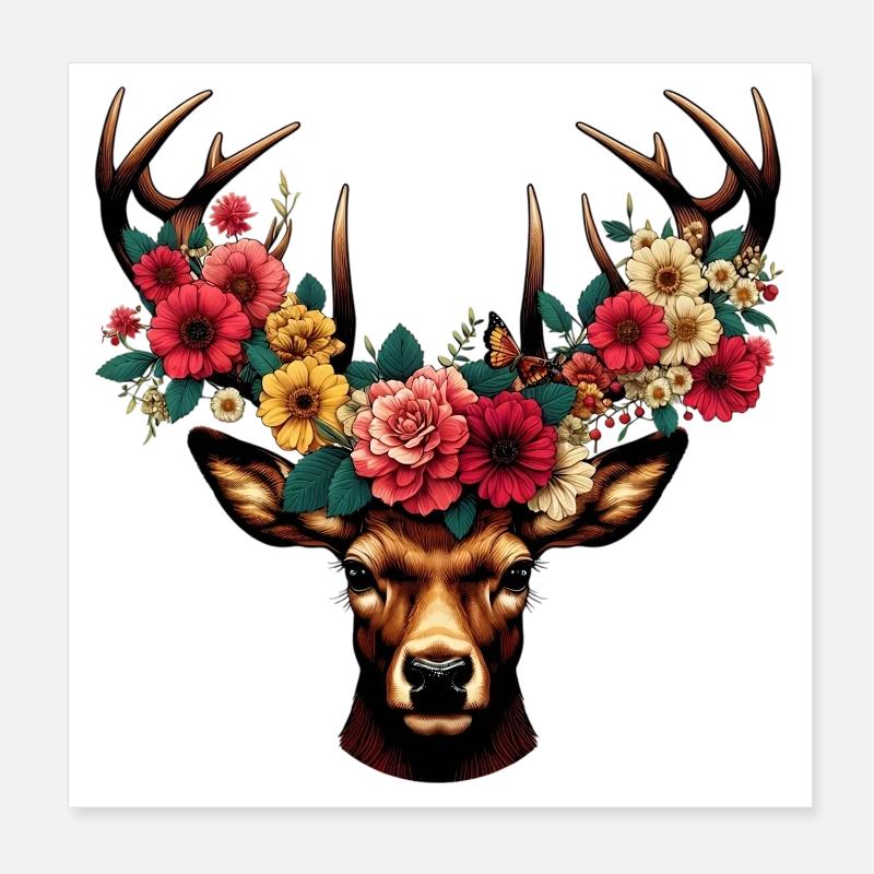 Hirsch mit Blumen Poster 20x20 cm
