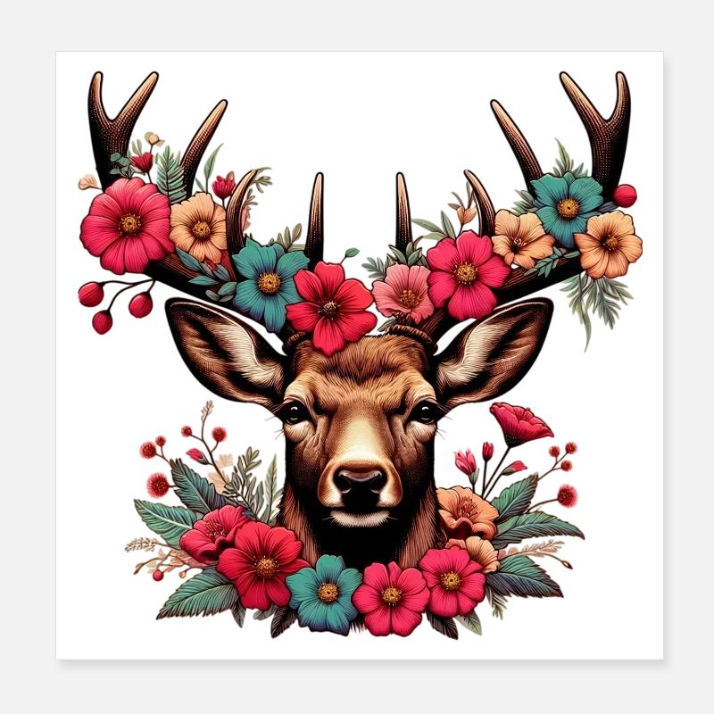 Deer with Flowers Poster 8" x 8" (20x20 cm)