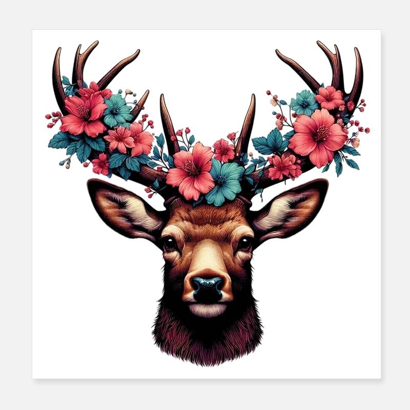 Hirsch mit Blumen Poster 20x20 cm
