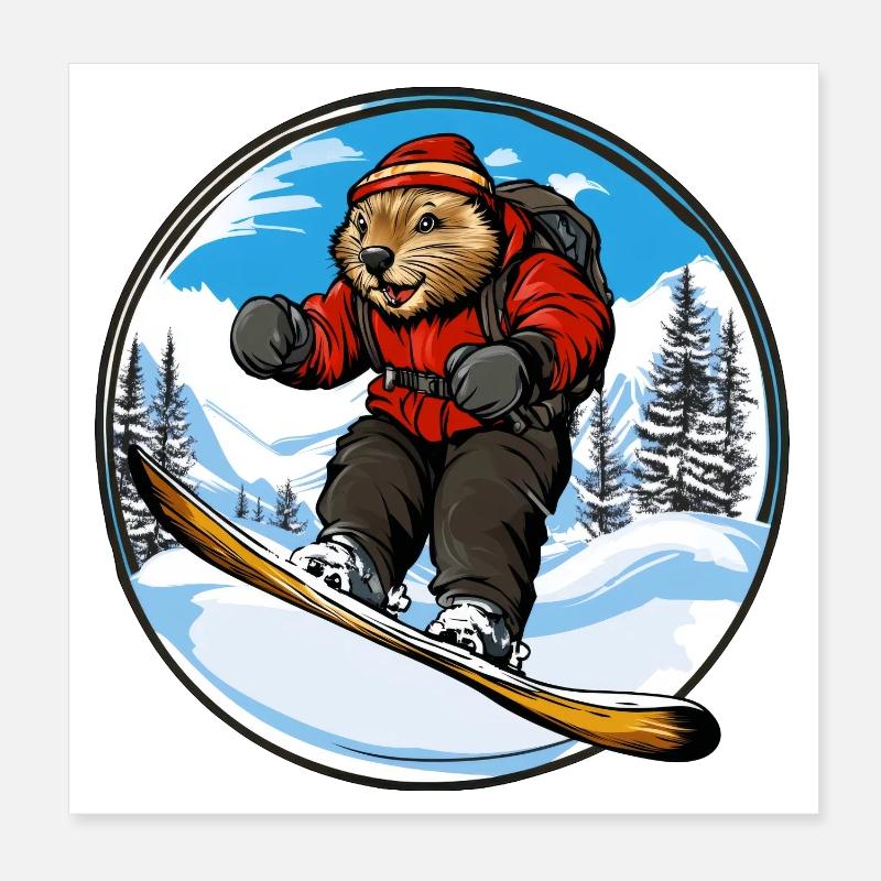 Beaver Snowboard Poster 8" x 8" (20x20 cm)