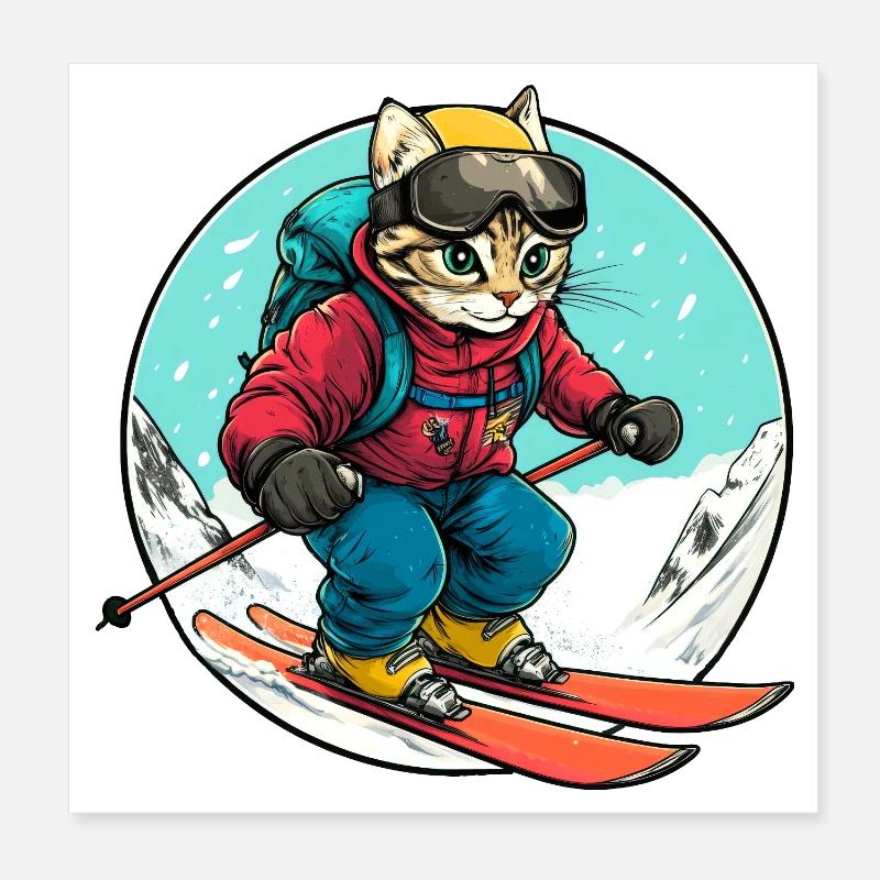 Katzen Ski / Skifahrer Katze Poster 20x20 cm