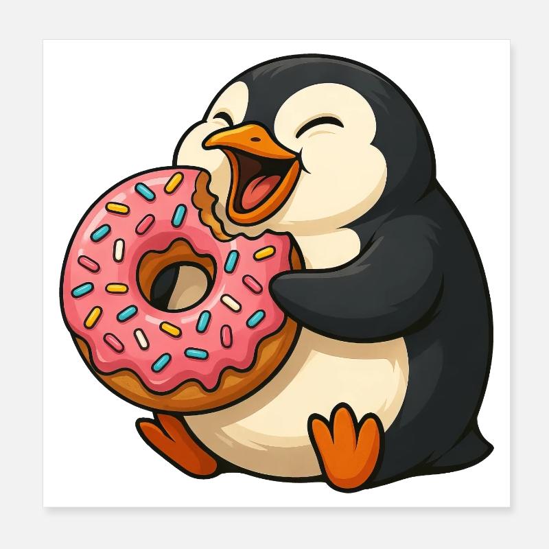 Mignon pingouin Donut Lover Dessin animé Grignotage Poster 20 x 20 cm