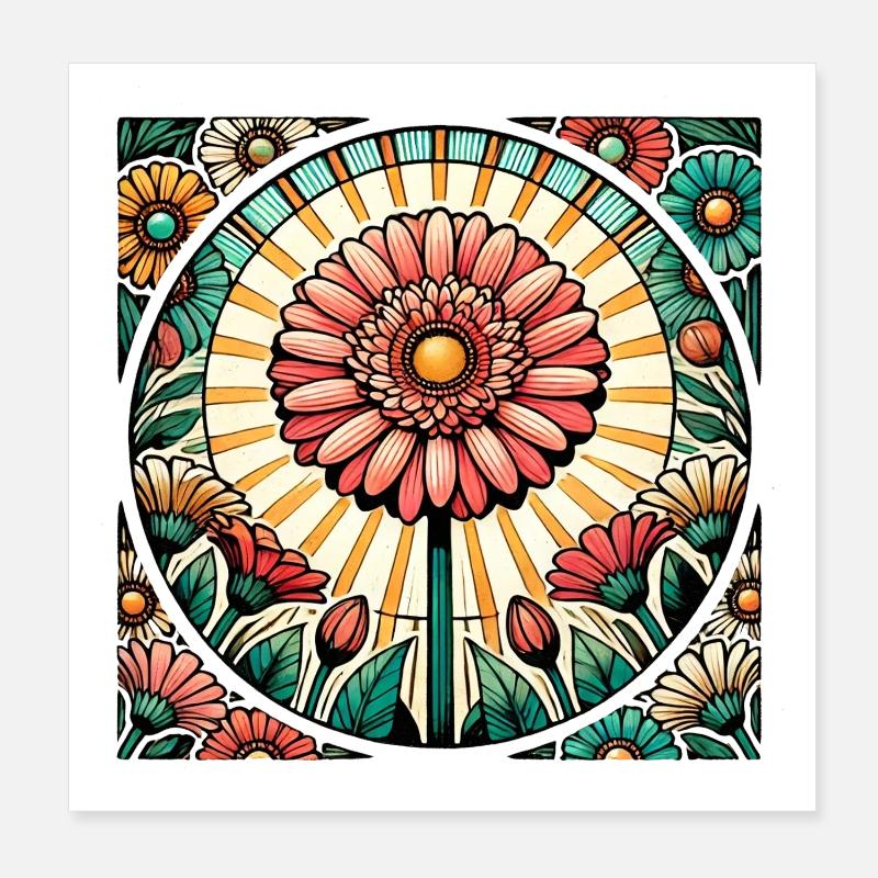 Lebendiges Blumenmuster aus Buntglas Poster 20x20 cm