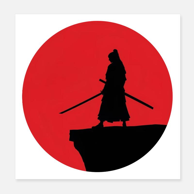 Silhouette de samouraï devant la lune rouge Poster 20 x 20 cm