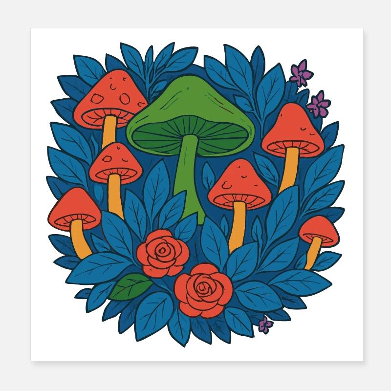 Cercle de champignons de feuilles et de roses Poster 20 x 20 cm