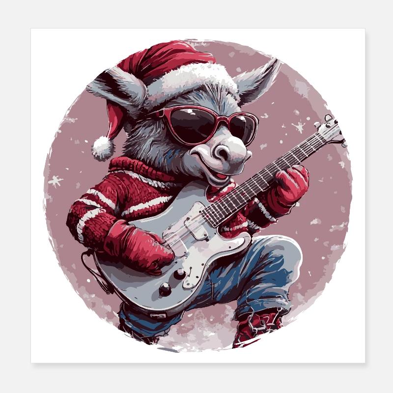 Donkey Christmas Guitar Poster 8" x 8" (20x20 cm)