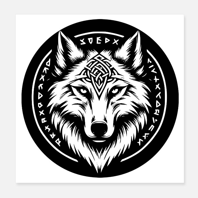 Wolf with Nordic symbols Poster 8" x 8" (20x20 cm)