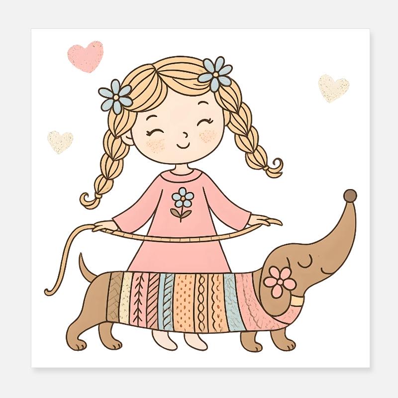 Mädchen mit Dackel – Süßes Kinder Tier Design - Poster 20x20 cm - Weiß