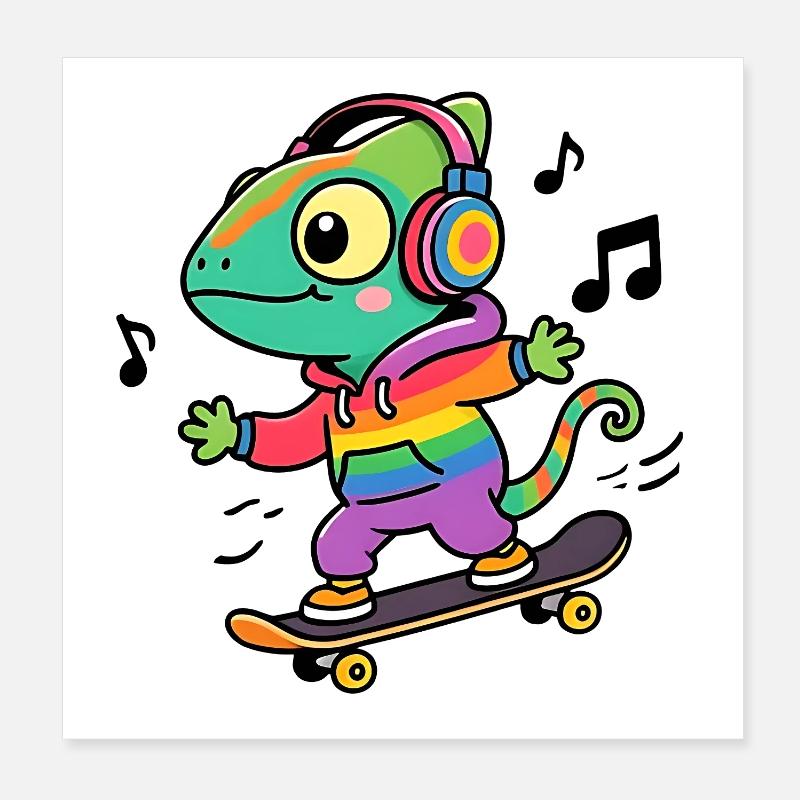 Regenbogen-Chamäleon auf Schlittschuh Poster 20x20 cm