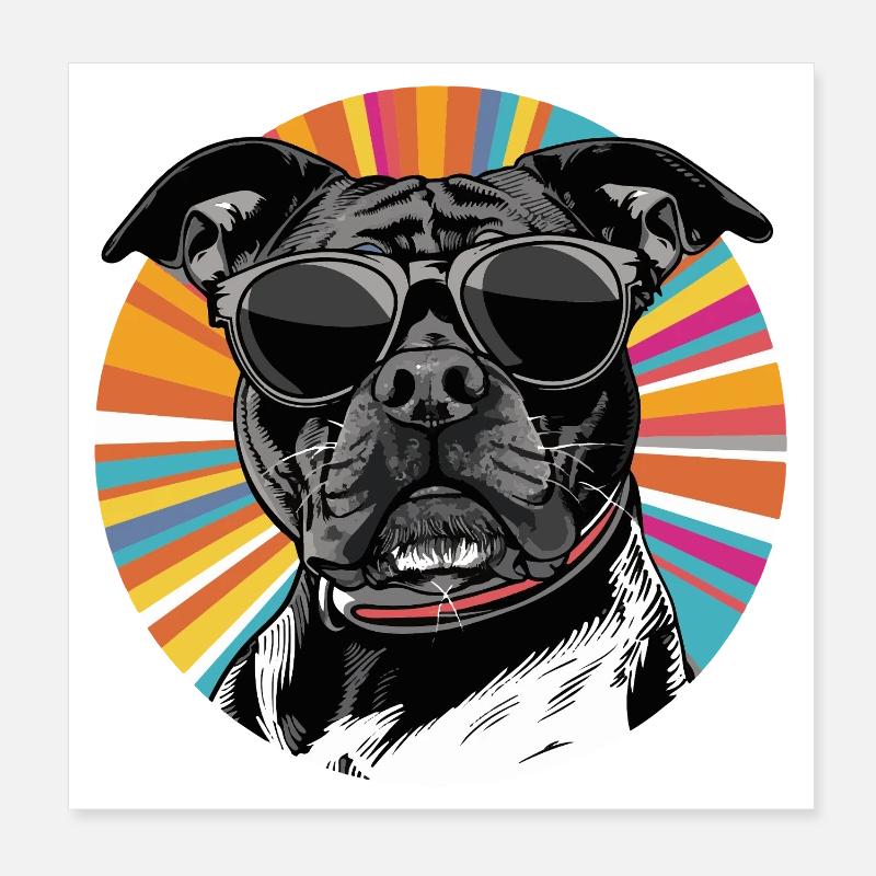 Hund mit Sonnenbrille Retro Patch Poster 20x20 cm