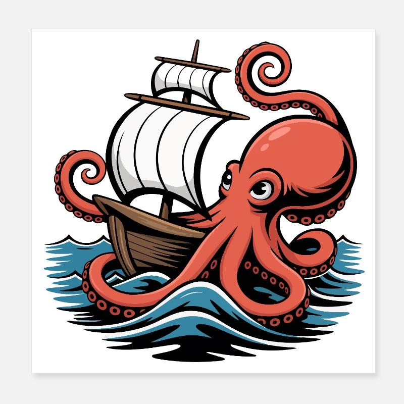 Pieuvre entrelace Voilier Navire Calamar Poster 20 x 20 cm