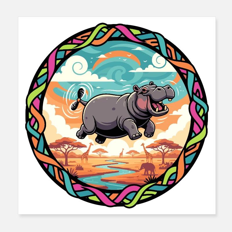 Witziger Hippo fliegendes Nilpferd bunt Savanne  Poster 20x20 cm