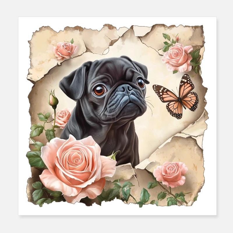 Schwarzer Mops mit Schmetterling Poster 20x20 cm