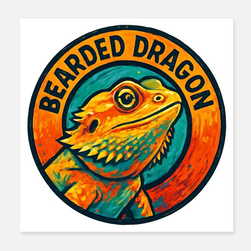 Lézard Agame Barbu Style Gravure Colorée Poster 20 x 20 cm
