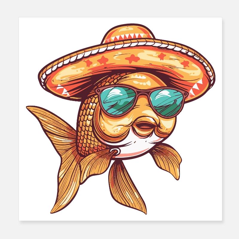 Goldfish Comic Funny Sombrero Poster 8" x 8" (20x20 cm)