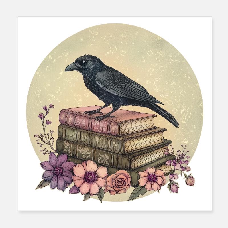 Raven sur une pile de livres Poster 20 x 20 cm