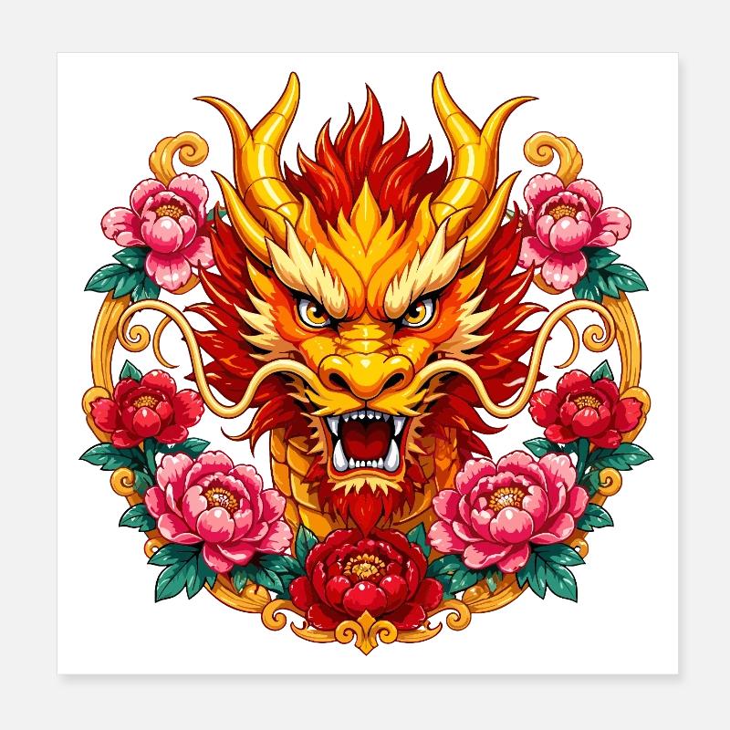 Dragon head in a fire floral frame Poster 8" x 8" (20x20 cm)