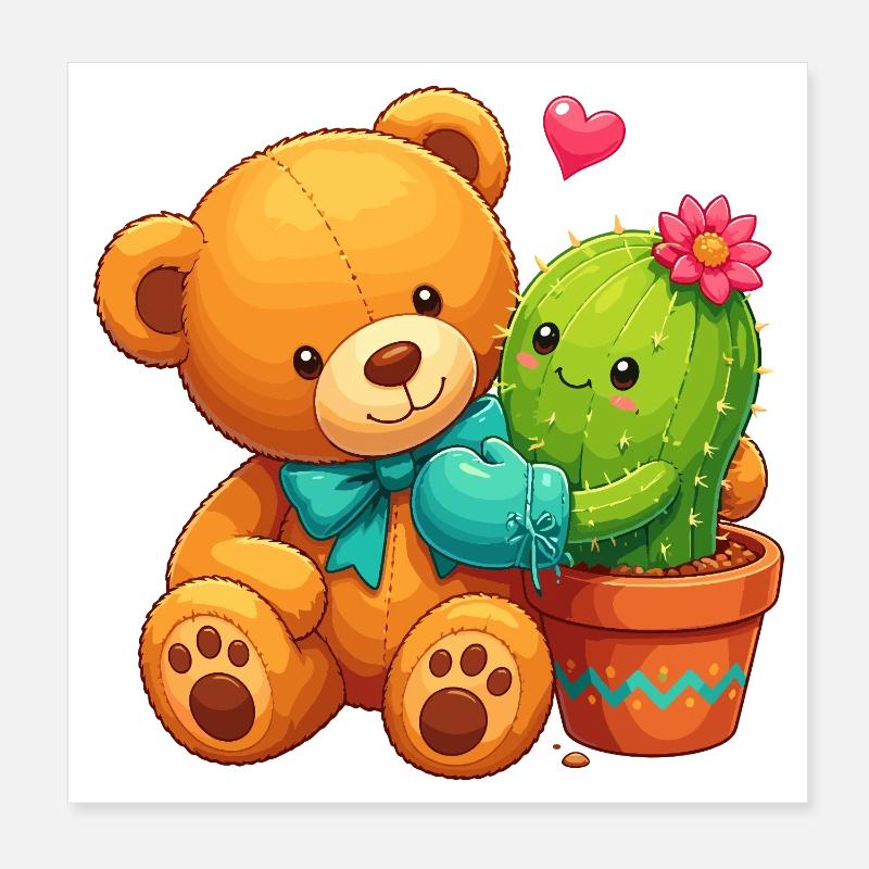 Ours câlin et cactus à fleurs Poster 20 x 20 cm
