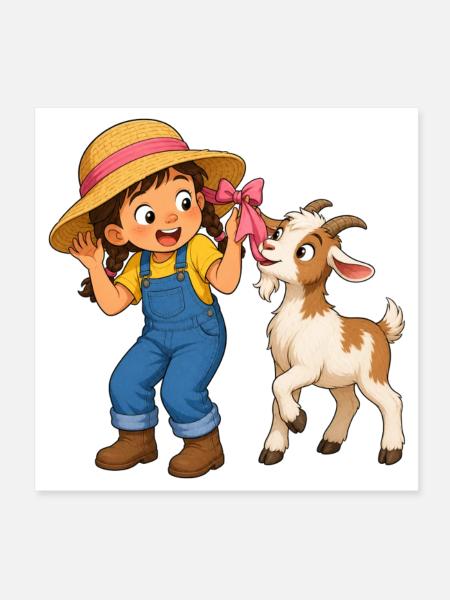 Mädchen mit Ziege und Schleife Bauernhof Motiv - Poster 20x20 cm - Weiß - Vorne