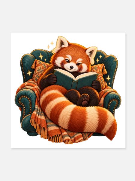 Gemütlicher roter Panda liest ein Buch - Poster 20x20 cm - Weiß