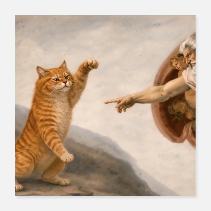 Mème de création du Dieu Chat parodie drôle de Michel-Ange Poster 40 x 40 cm