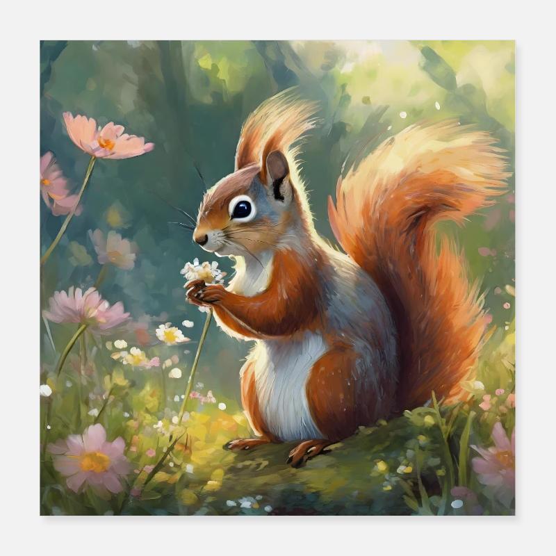 Eichhörnchen im Blumengarten Poster 40x40 cm