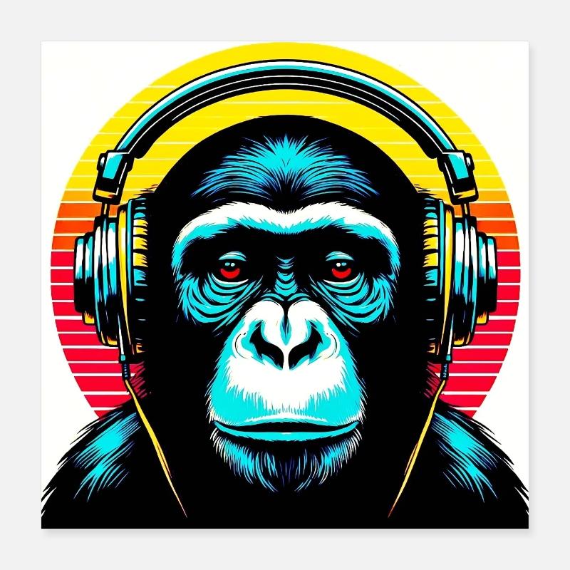 Schimpansenaffe hört Musik mit Kopfhörern Poster 40x40 cm