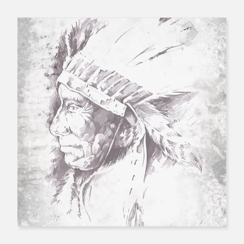 Chef indigène en plumes gris Poster 40 x 40 cm