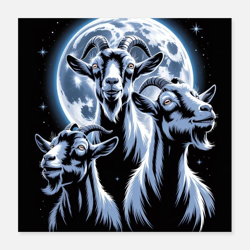 Trois chèvres devant la pleine lune et la nuit étoilée - Poster 40 x 40 cm - blanc