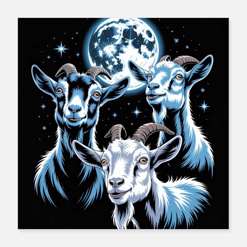 Three goats under full moon night sky Poster 16" x 16" (40x40 cm)