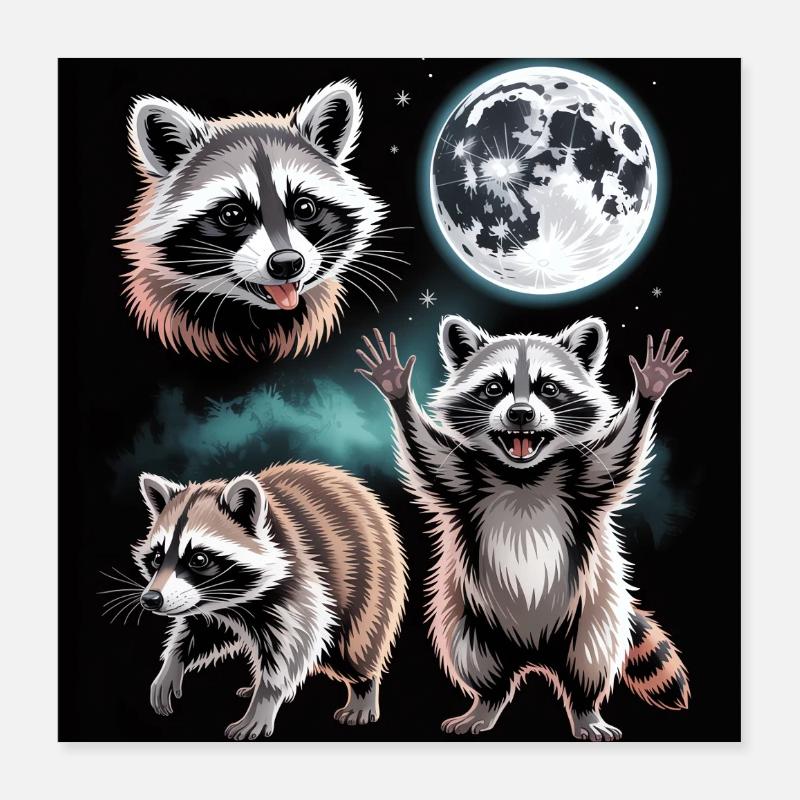 Raccoons Under The Full Moon Night Forest Poster 16" x 16" (40x40 cm)