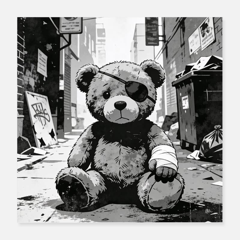 Teddybär mit Augenklappe in Straßennähe Poster 40x40 cm