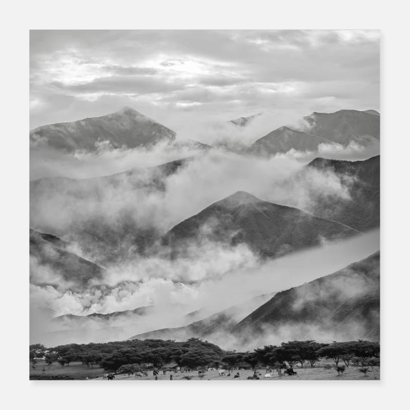 Montagnes dans un brouillard noir et blanc Poster 40 x 40 cm