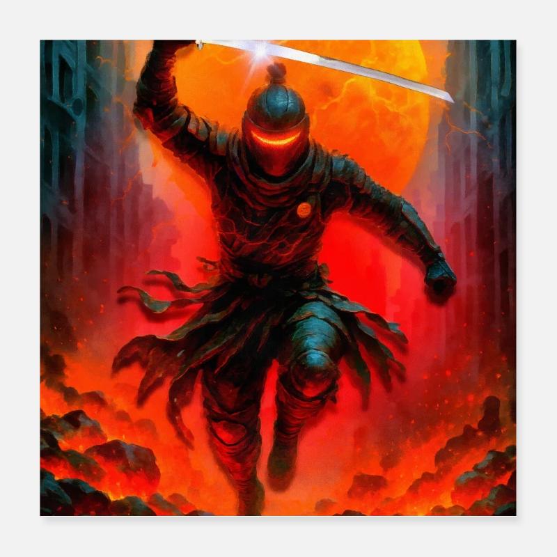 Feuriger Ninja im Kampf Poster 40x40 cm