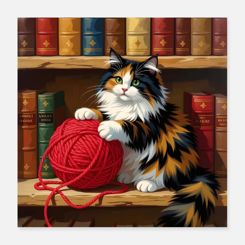 Katzenglanz: Kätzchen mit rotem Garn im Regal Poster 40x40 cm