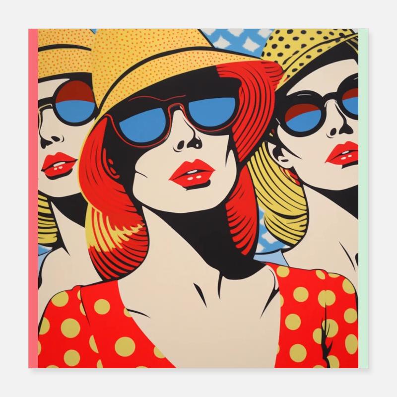 Trois dames Pop Art avec chapeaux de soleil Soleil de vacances Poster 40 x 40 cm