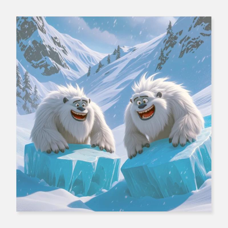 Yetis racing downhill on sleds joyfully winter Poster 16" x 16" (40x40 cm)