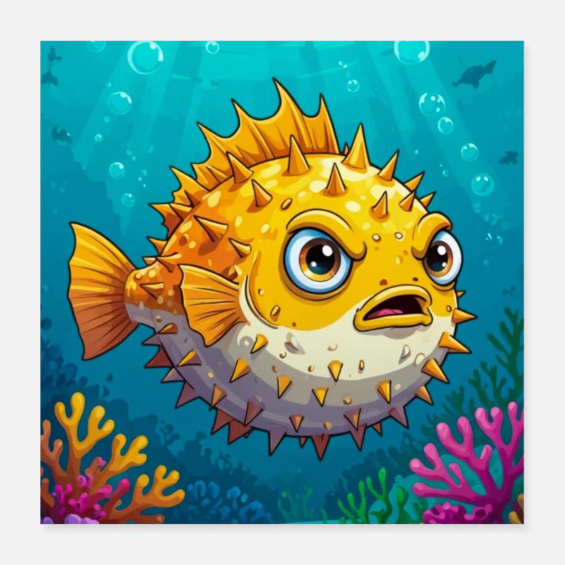 Kugelfisch im Comic-Stil, runder, stacheliger, aufgeblasener Körper Poster 40x40 cm