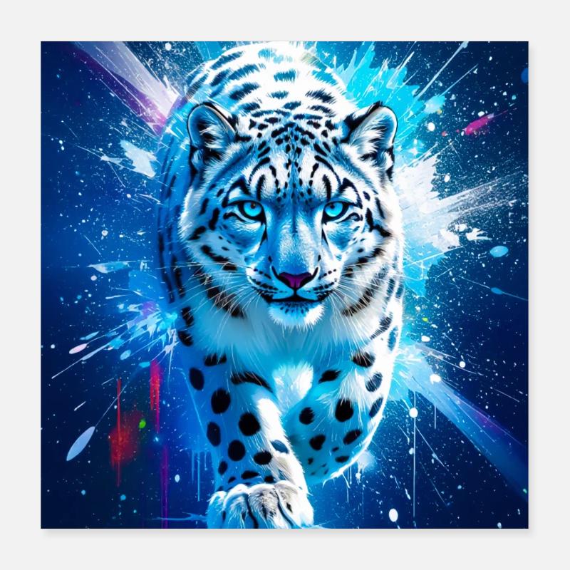 A snow leopard glows amid icy blue and silver star Poster 16" x 16" (40x40 cm)