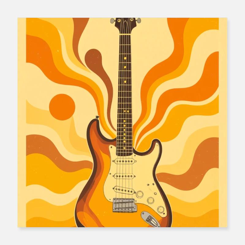 Psychedelische Retro-Gitarre mit lebendigen Siebzigern Poster 40x40 cm