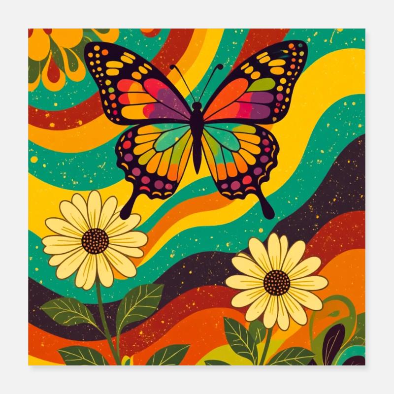 Psychedelic Butterfly Garden aux couleurs groovy Poster 40 x 40 cm