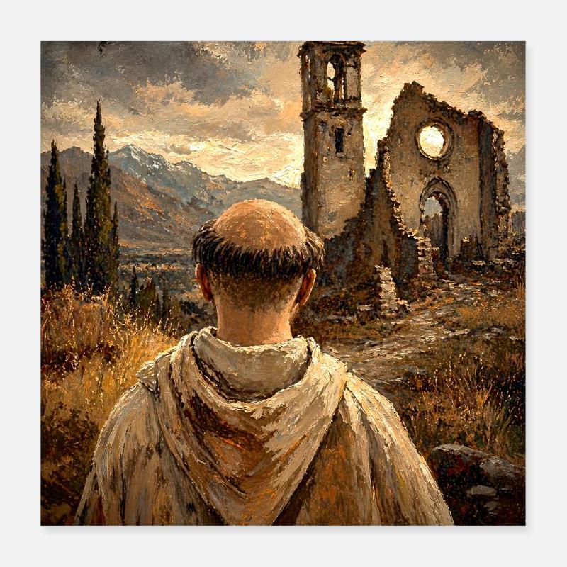 Moine devant les ruines au coucher du soleil Poster 40 x 40 cm